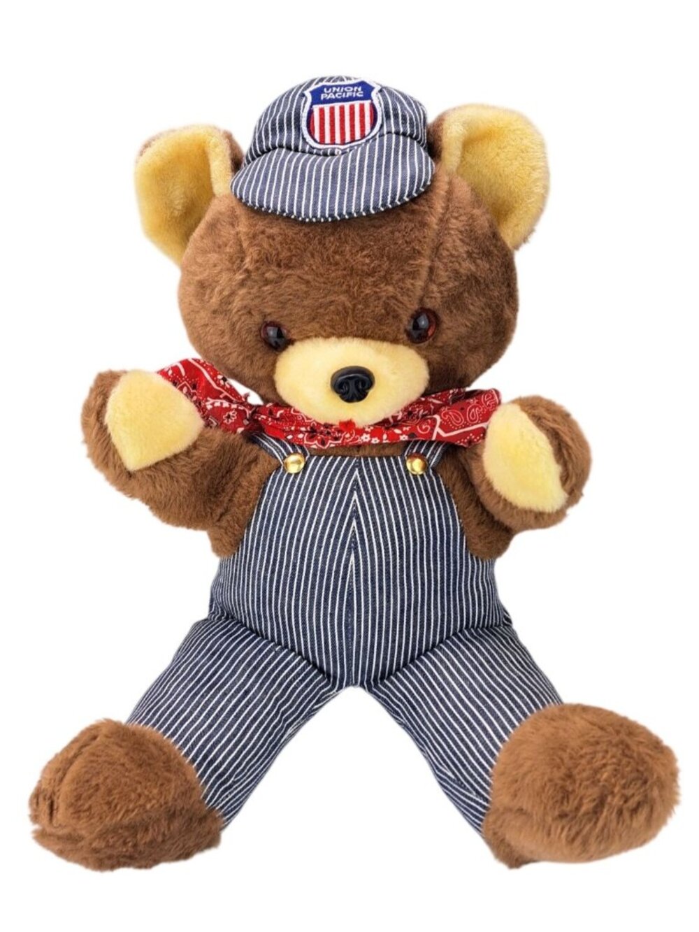 Vintage Union Pacific Railroad Plush Teddy Bear Overalls Cap Rushton 22" 1950s